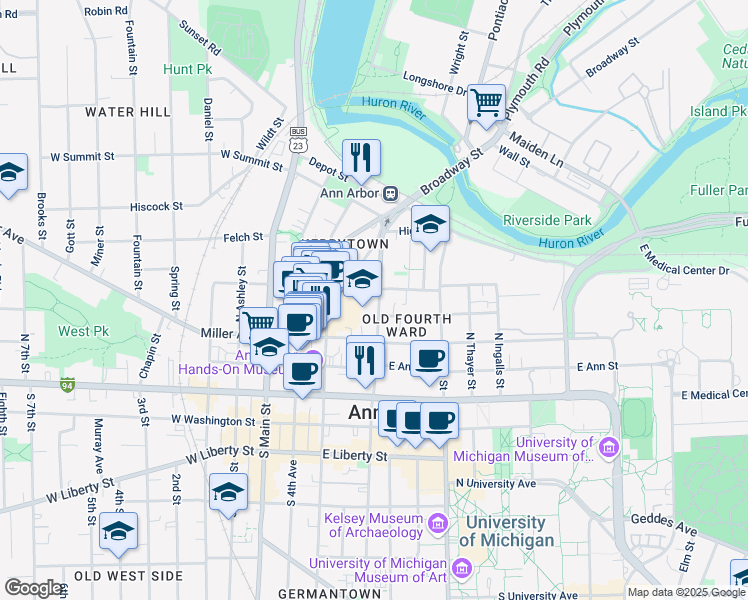 map of restaurants, bars, coffee shops, grocery stores, and more near 407 East Kingsley Street in Ann Arbor