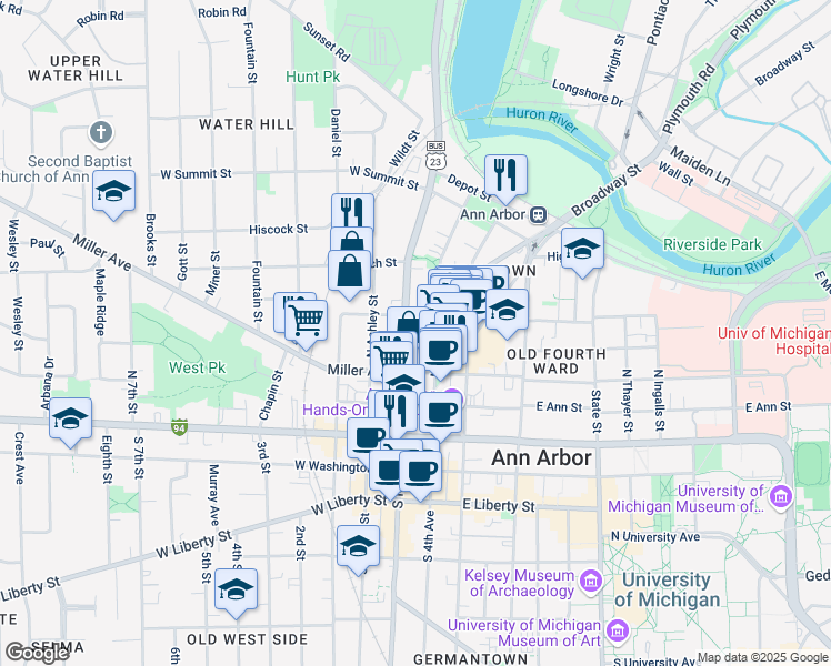 map of restaurants, bars, coffee shops, grocery stores, and more near 500 North Main Street in Ann Arbor