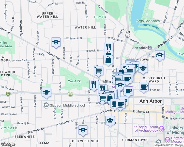 map of restaurants, bars, coffee shops, grocery stores, and more near 411 Fountain Street in Ann Arbor