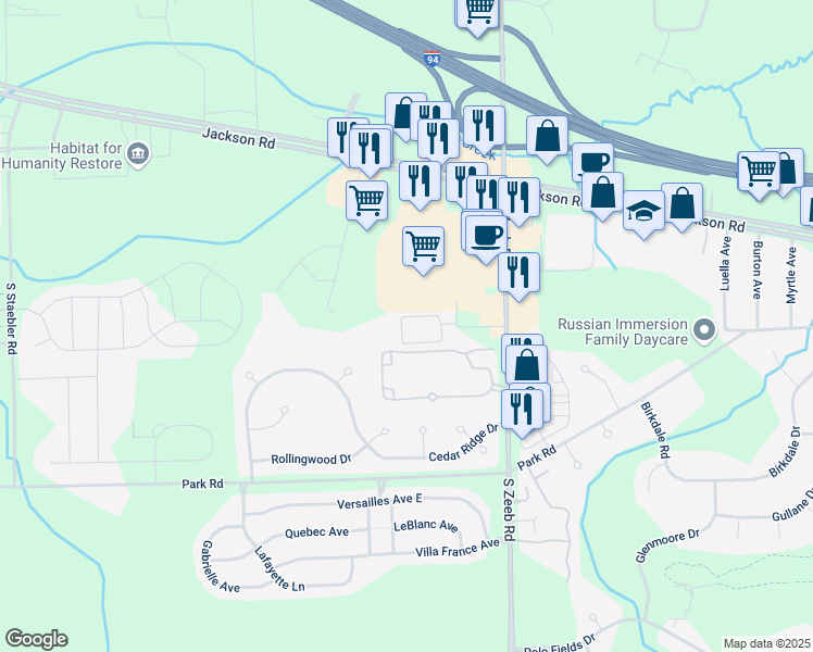 map of restaurants, bars, coffee shops, grocery stores, and more near 5570 Arbor Chase Drive in Ann Arbor