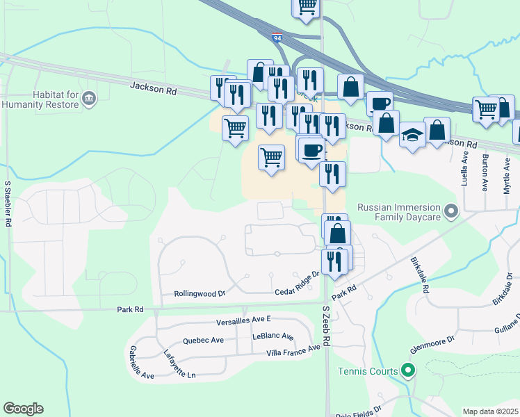 map of restaurants, bars, coffee shops, grocery stores, and more near 5570 Arbor Chase Drive in Ann Arbor