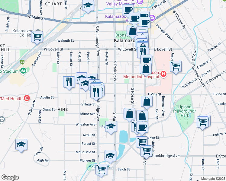 map of restaurants, bars, coffee shops, grocery stores, and more near 703 Michigan 331 in Kalamazoo