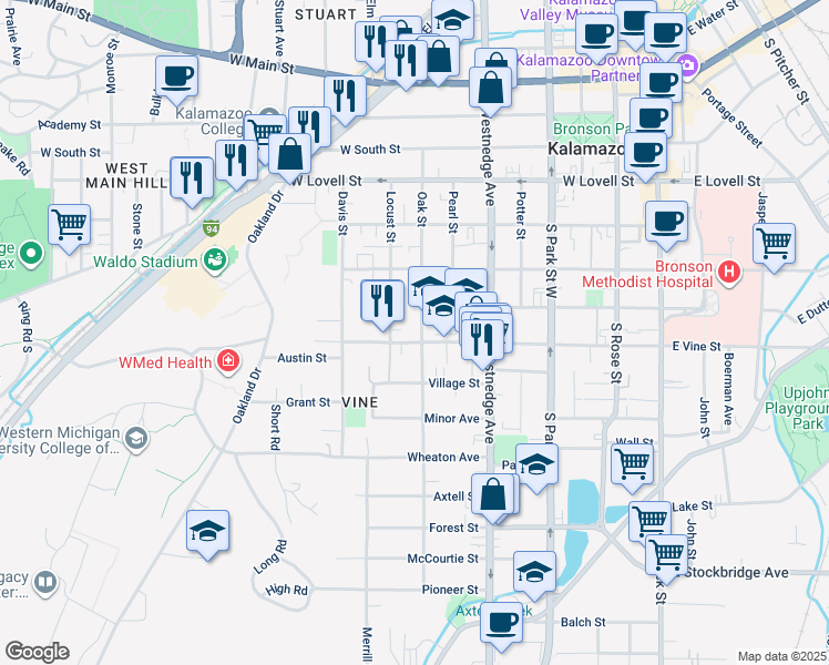 map of restaurants, bars, coffee shops, grocery stores, and more near 635 Locust Street in Kalamazoo
