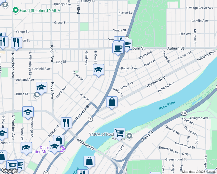 map of restaurants, bars, coffee shops, grocery stores, and more near 1252 North Main Street in Rockford