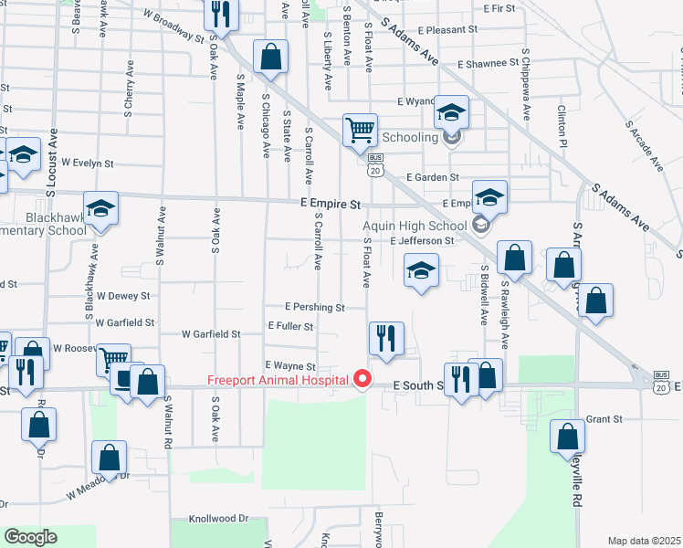 map of restaurants, bars, coffee shops, grocery stores, and more near 1420 South High Avenue in Freeport