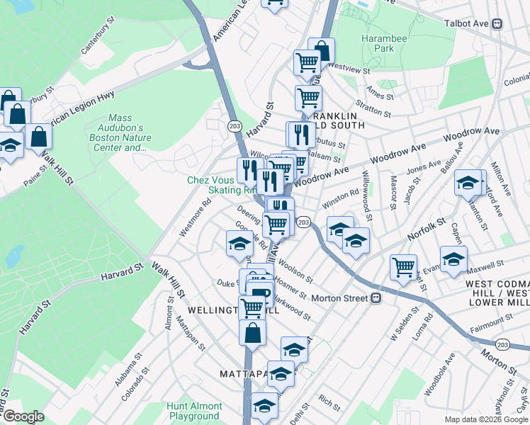 map of restaurants, bars, coffee shops, grocery stores, and more near 676 Morton Street in Boston