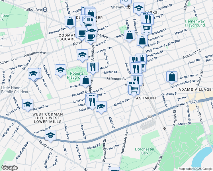 map of restaurants, bars, coffee shops, grocery stores, and more near 49 Burt Street in Boston