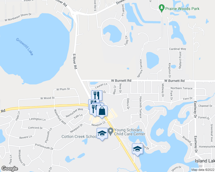 map of restaurants, bars, coffee shops, grocery stores, and more near 413 Lauren Lane in Island Lake