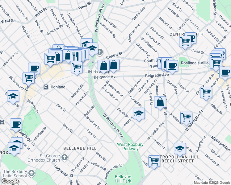 map of restaurants, bars, coffee shops, grocery stores, and more near 33 Montvale Street in Boston