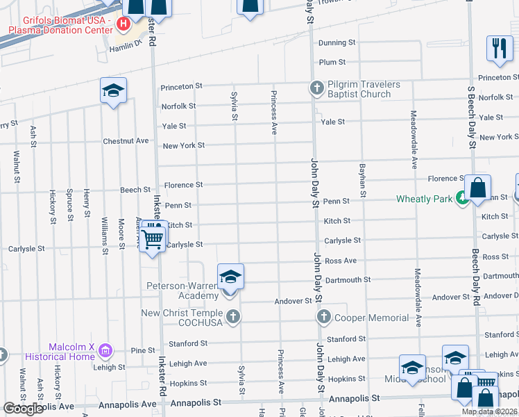 map of restaurants, bars, coffee shops, grocery stores, and more near 26916 Penn Street in Inkster