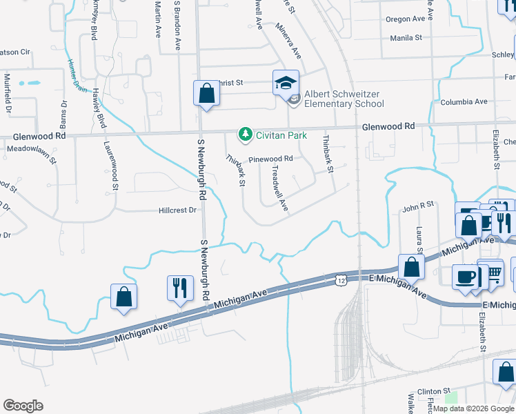 map of restaurants, bars, coffee shops, grocery stores, and more near 36952 Greenbush Road in Wayne