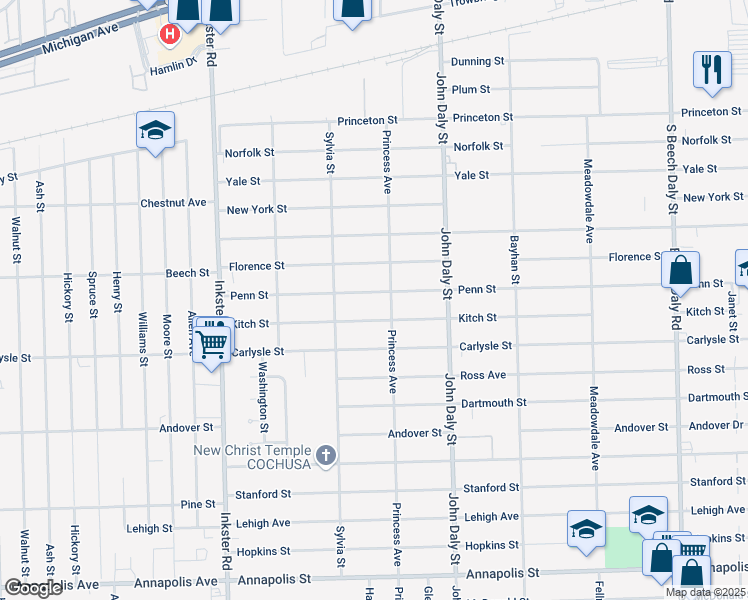 map of restaurants, bars, coffee shops, grocery stores, and more near 26820 Penn Street in Inkster