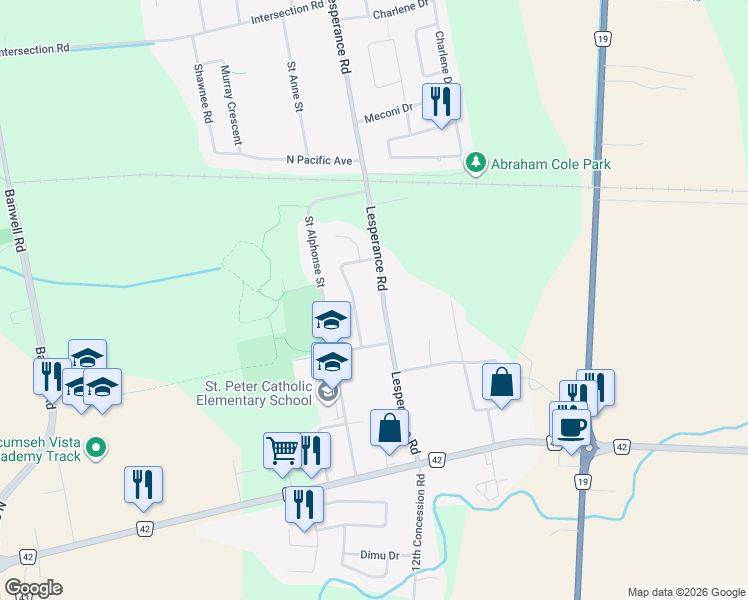 map of restaurants, bars, coffee shops, grocery stores, and more near 2329 Lesperance Road in Windsor