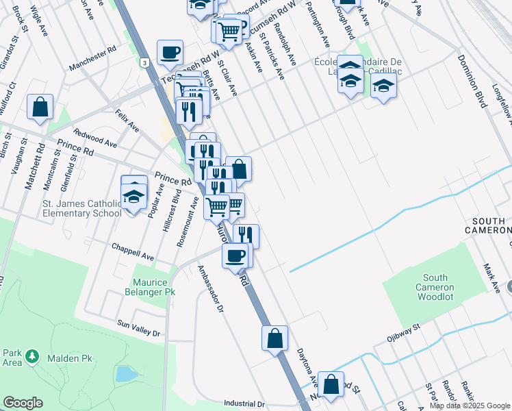 map of restaurants, bars, coffee shops, grocery stores, and more near 1786 Northway Avenue in Windsor