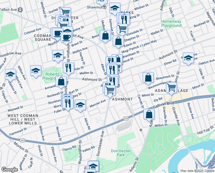 map of restaurants, bars, coffee shops, grocery stores, and more near 145 Ashmont Street in Boston