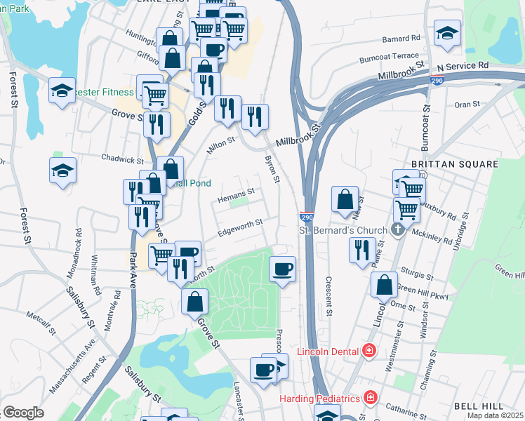 map of restaurants, bars, coffee shops, grocery stores, and more near 6 Whittier Street in Worcester