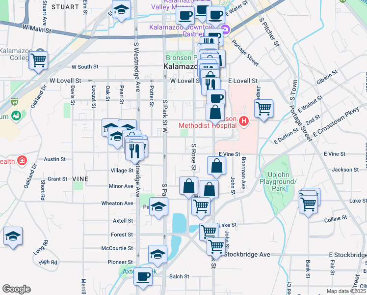 map of restaurants, bars, coffee shops, grocery stores, and more near 219 West Dutton Street in Kalamazoo