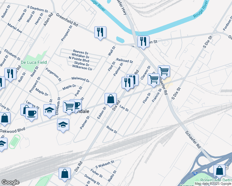 map of restaurants, bars, coffee shops, grocery stores, and more near 17356 Eddon Street in Melvindale