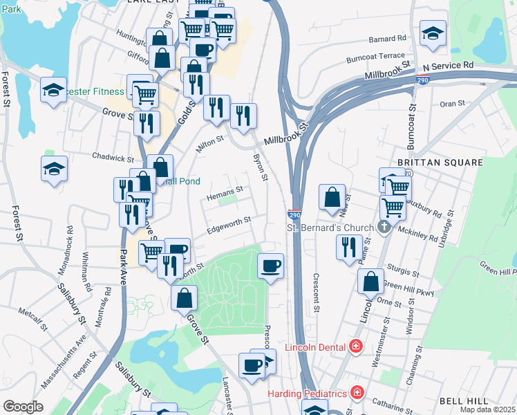 map of restaurants, bars, coffee shops, grocery stores, and more near 2 Whittier Street in Worcester