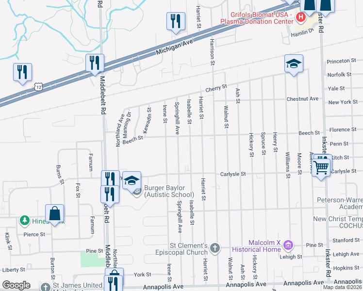 map of restaurants, bars, coffee shops, grocery stores, and more near 3514 Isabelle Street in Inkster