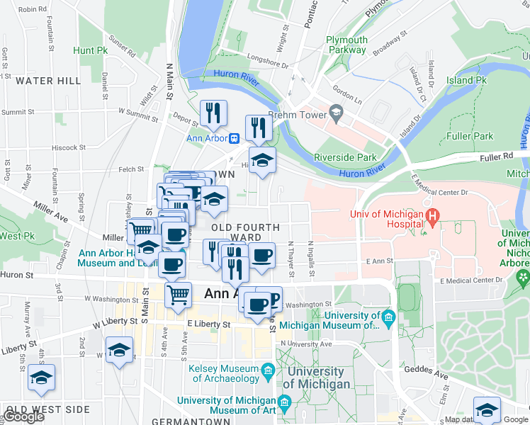 map of restaurants, bars, coffee shops, grocery stores, and more near 419 North State Street in Ann Arbor