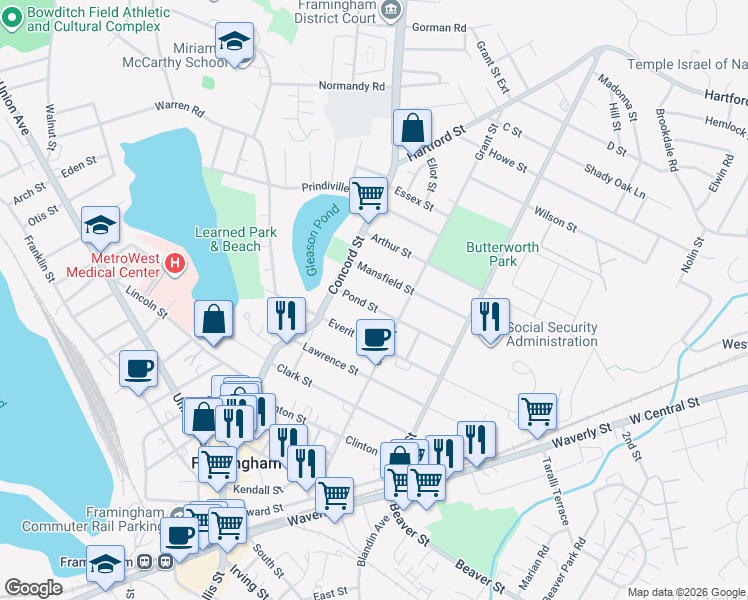 map of restaurants, bars, coffee shops, grocery stores, and more near 23 Mansfield Street in Framingham