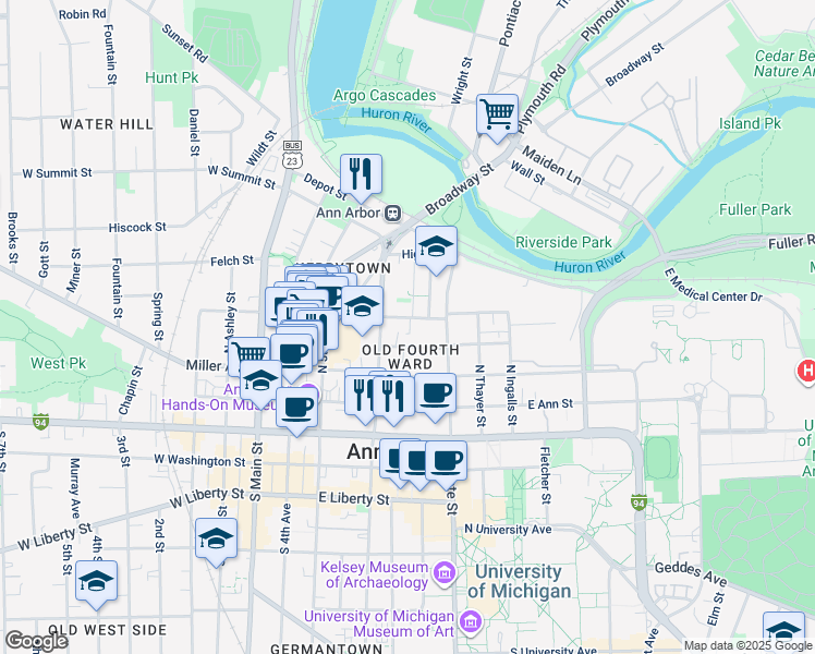 map of restaurants, bars, coffee shops, grocery stores, and more near 422 East Kingsley Street in Ann Arbor