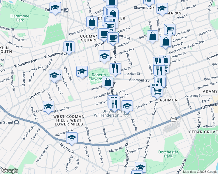 map of restaurants, bars, coffee shops, grocery stores, and more near 6 Armandine Street in Boston