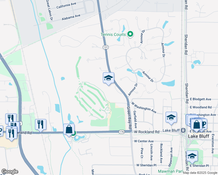 map of restaurants, bars, coffee shops, grocery stores, and more near 350 West Washington Avenue in Lake Bluff