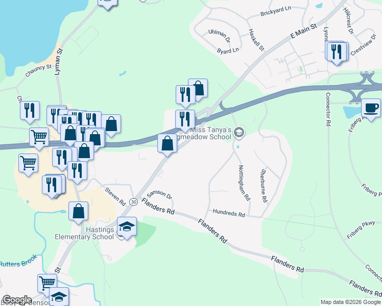 map of restaurants, bars, coffee shops, grocery stores, and more near 135 East Main Street in Westborough