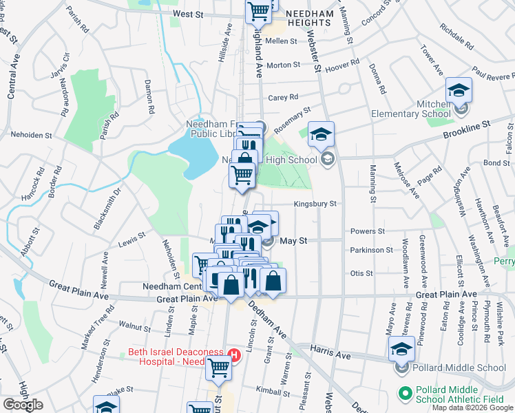 map of restaurants, bars, coffee shops, grocery stores, and more near 7 Oakland Avenue in Needham