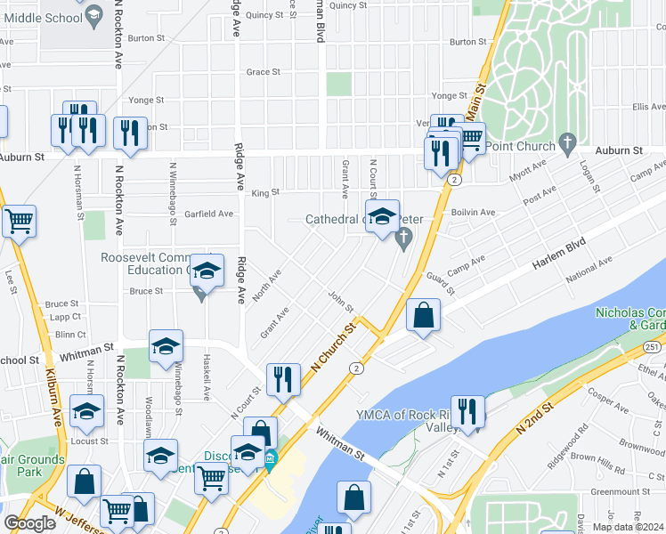 map of restaurants, bars, coffee shops, grocery stores, and more near 1123 Grant Avenue in Rockford