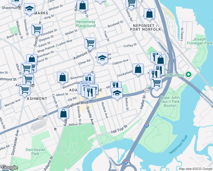 map of restaurants, bars, coffee shops, grocery stores, and more near 73-75 Chelmsford Street in Boston