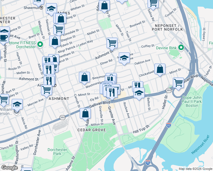 map of restaurants, bars, coffee shops, grocery stores, and more near 23 Westmoreland Street in Boston