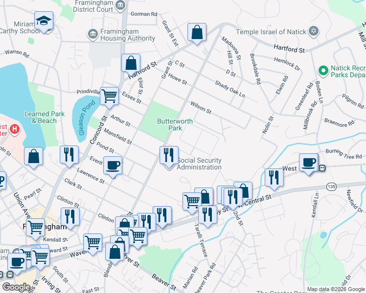 map of restaurants, bars, coffee shops, grocery stores, and more near 27 Bishop Drive in Framingham