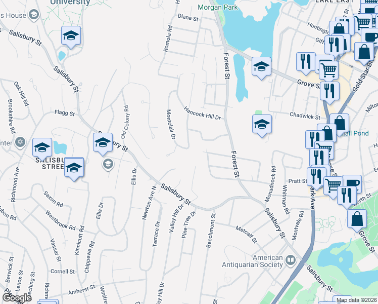 map of restaurants, bars, coffee shops, grocery stores, and more near 44 Ardmore Road in Worcester