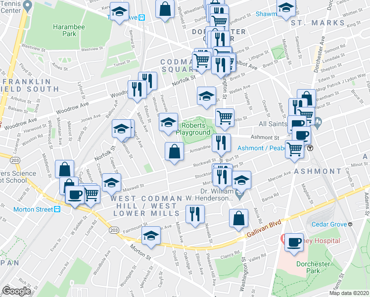 map of restaurants, bars, coffee shops, grocery stores, and more near 83-85 Armandine Street in Boston