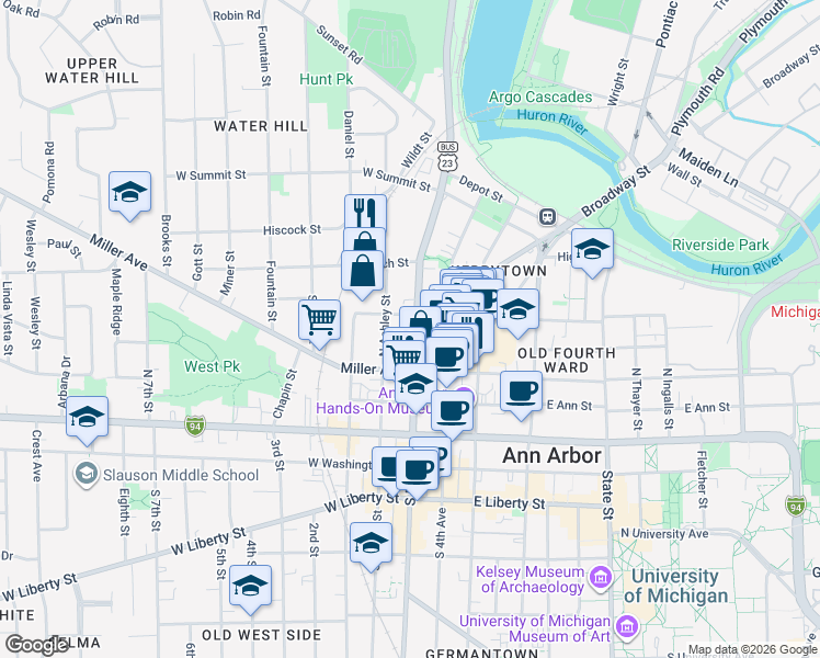 map of restaurants, bars, coffee shops, grocery stores, and more near 415 North Main Street in Ann Arbor