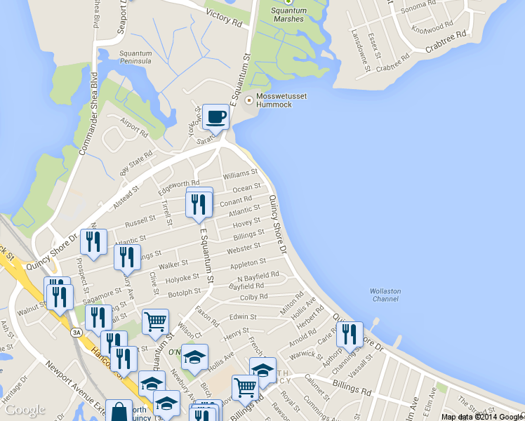map of restaurants, bars, coffee shops, grocery stores, and more near 415 Quincy Shore Drive in Quincy