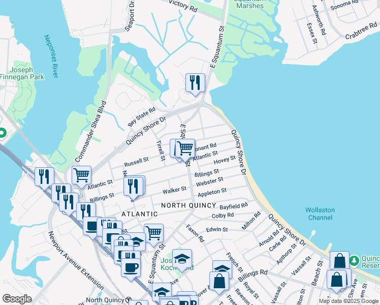map of restaurants, bars, coffee shops, grocery stores, and more near 292 East Squantum Street in Quincy