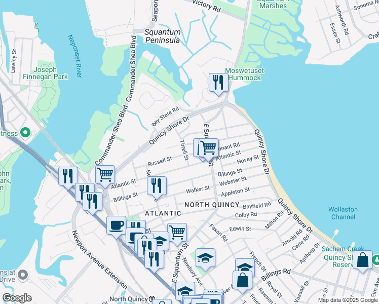 map of restaurants, bars, coffee shops, grocery stores, and more near 12 Windsor Road in Quincy