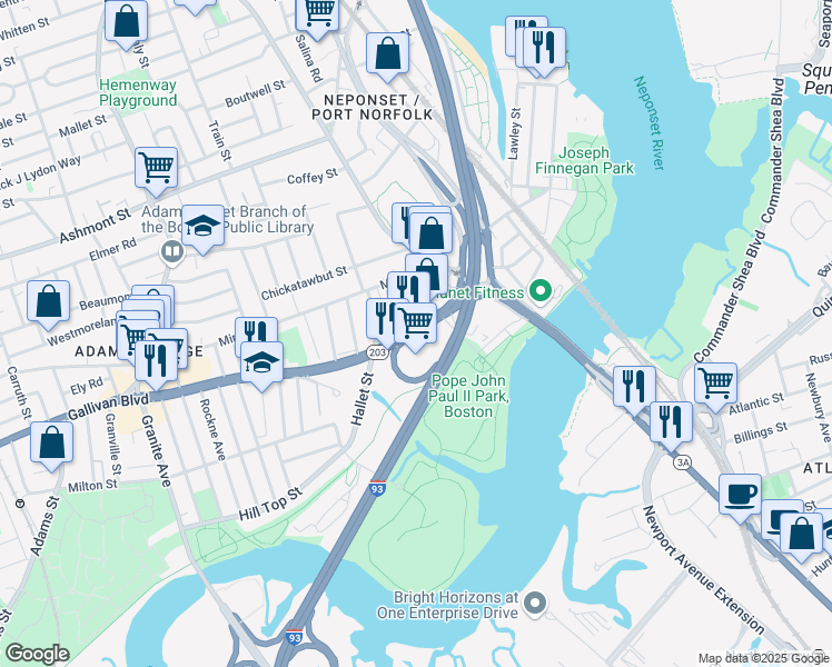 map of restaurants, bars, coffee shops, grocery stores, and more near 770 Gallivan Boulevard in Boston