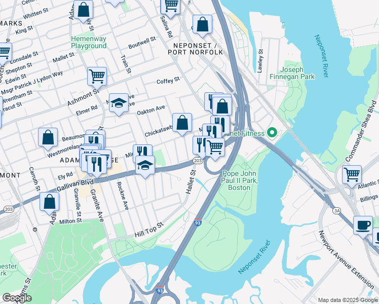 map of restaurants, bars, coffee shops, grocery stores, and more near 8 Sylvester Road in Boston