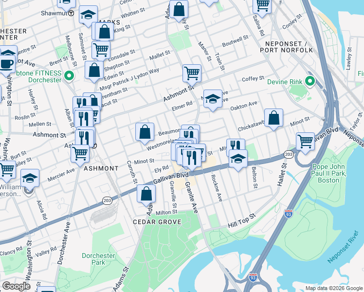 map of restaurants, bars, coffee shops, grocery stores, and more near 23 Westmoreland Street in Boston