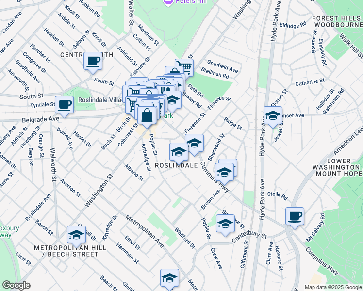 map of restaurants, bars, coffee shops, grocery stores, and more near 62 Cummins Highway in Boston