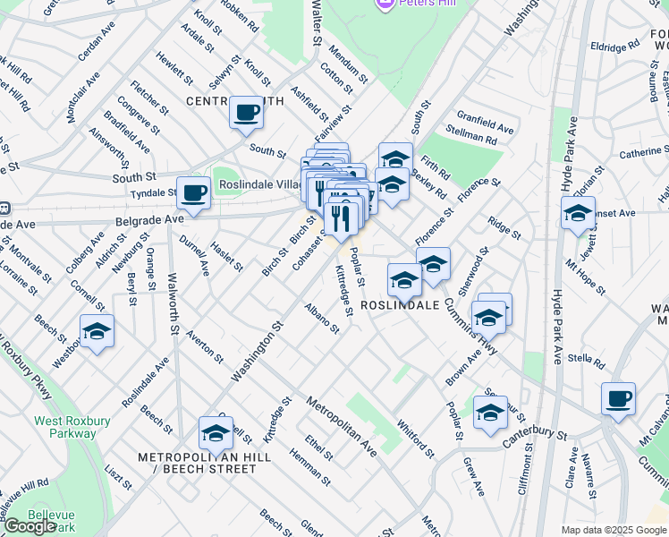 map of restaurants, bars, coffee shops, grocery stores, and more near 4287 Washington Street in Boston
