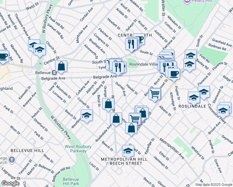 map of restaurants, bars, coffee shops, grocery stores, and more near 72 Walworth Street in Boston