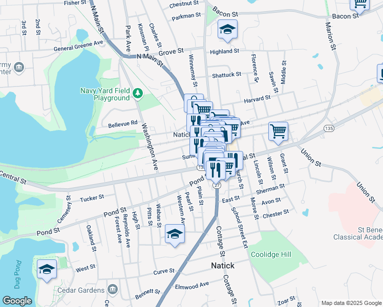 map of restaurants, bars, coffee shops, grocery stores, and more near 20 Middlesex Avenue in Natick