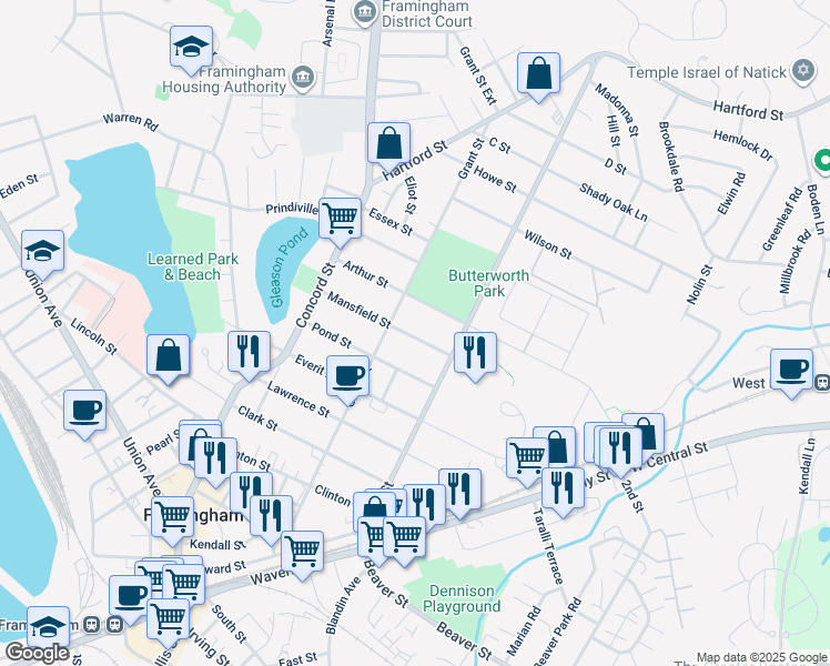 map of restaurants, bars, coffee shops, grocery stores, and more near 83 Arthur Street in Framingham