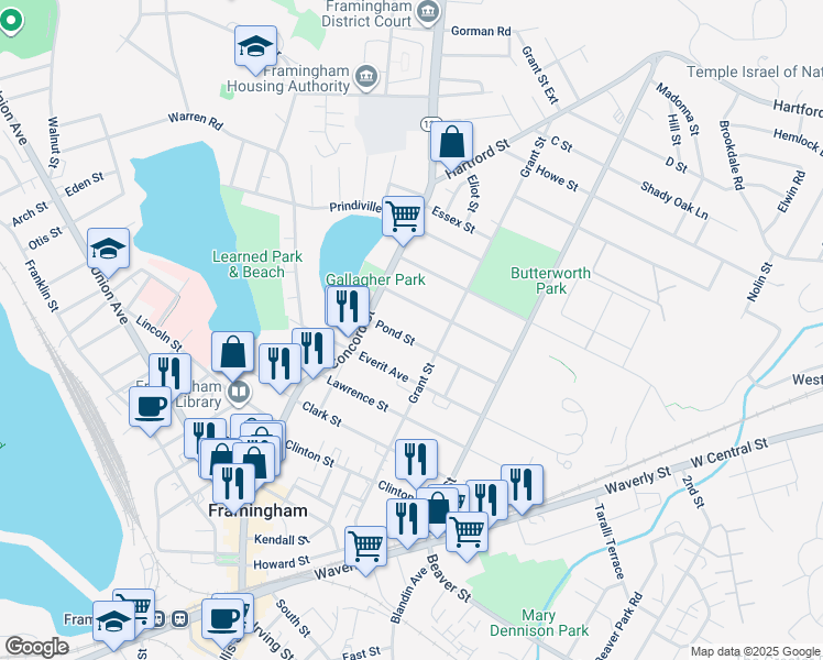 map of restaurants, bars, coffee shops, grocery stores, and more near 23 Mansfield Street in Framingham